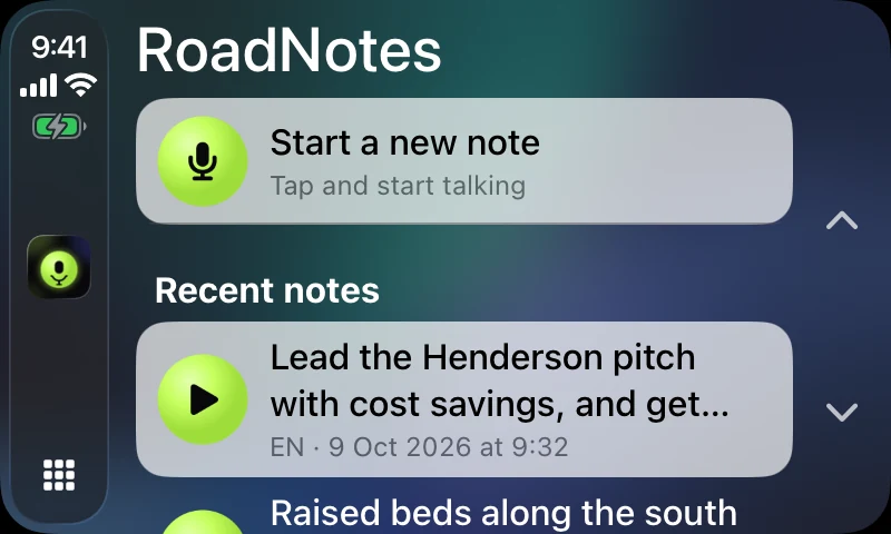 RoadNotes on a CarPlay screen: a Start a new note button above a list of recent notes