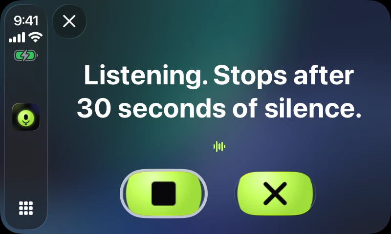 CarPlay listening screen: Listening. Stops after 30 seconds of silence, with Stop and Cancel buttons